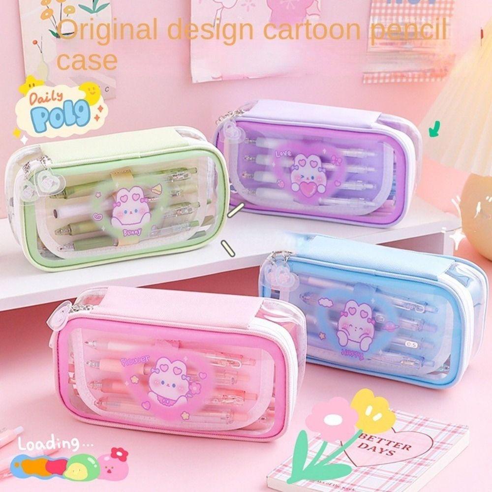 Túi Đựng Bút Trong Suốt Có Khóa Kéo Sức Chứa Lớn Phong Cách Hàn Quốc