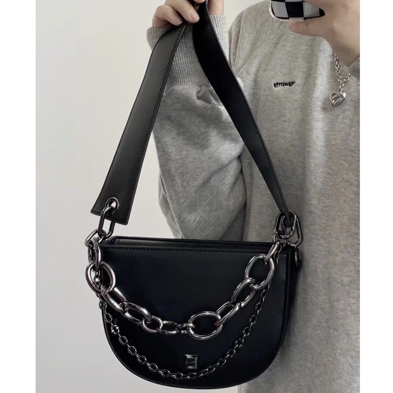 Ielgy Túi Xách Đeo Chéo Hình Bán Nguyệt Màu Đen Phối Dây Xích Thời Trang Cho Nữ