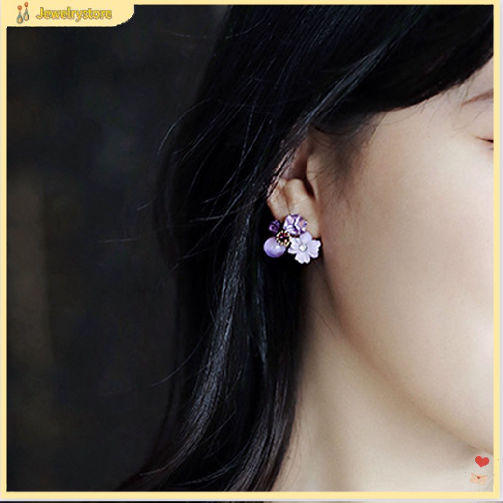 Đôi bông tai hình hoa đính đá màu tím dễ thương bắt mắt