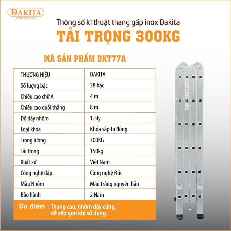 Thang Nhôm Gấp 4 Đoạn Chữ A 4m Cao Max 8m Nhôm Dày 1.5Ly DAKITA DKT77A Công Nghệ Đức, Thay Đổi Cấu Hình Linh Hoạt