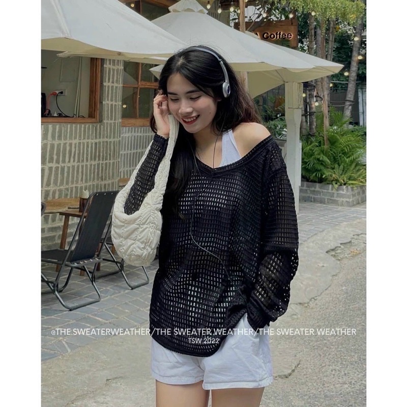 Áo len lưới mix cổ yếm giả set, len fom rộng over size cá tính