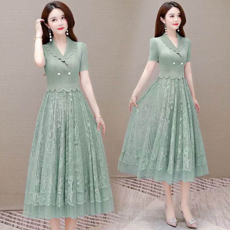 Đầm Dệt Kim Tay Ngắn Phối Ren Dáng Dài Thời Trang Mùa Hè Xinh Xắn Cho Nữ
