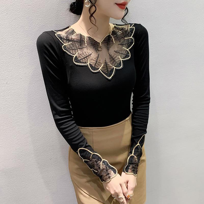 Áo Thun Lưới Tay Dài Thêu Họa Tiết Thời Trang Thu Đông Cho Nữ