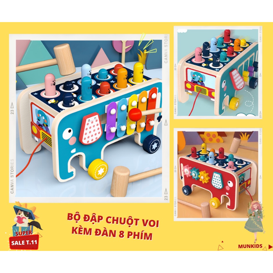 Đồ Chơi Đập Chuột Con Voi Kèm Đàn, Bộ Đập Chuột Cho Bé Phát Triển Kỹ Năng và Kích Thích Sáng Tạo - Munkids shop