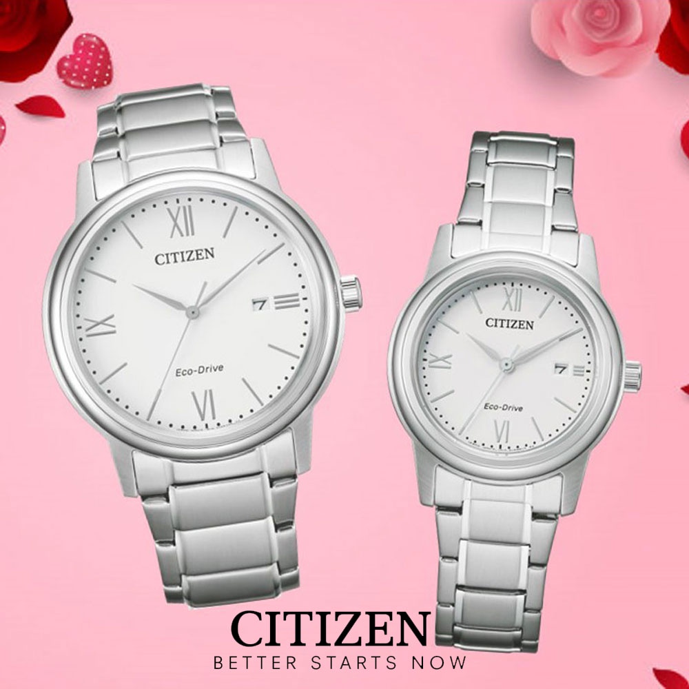 Đồng Hồ Đôi Citizen Eco-Drive Dây Kim Loại AW1670-82A &amp; FE1220-89A - Mặt Trắng