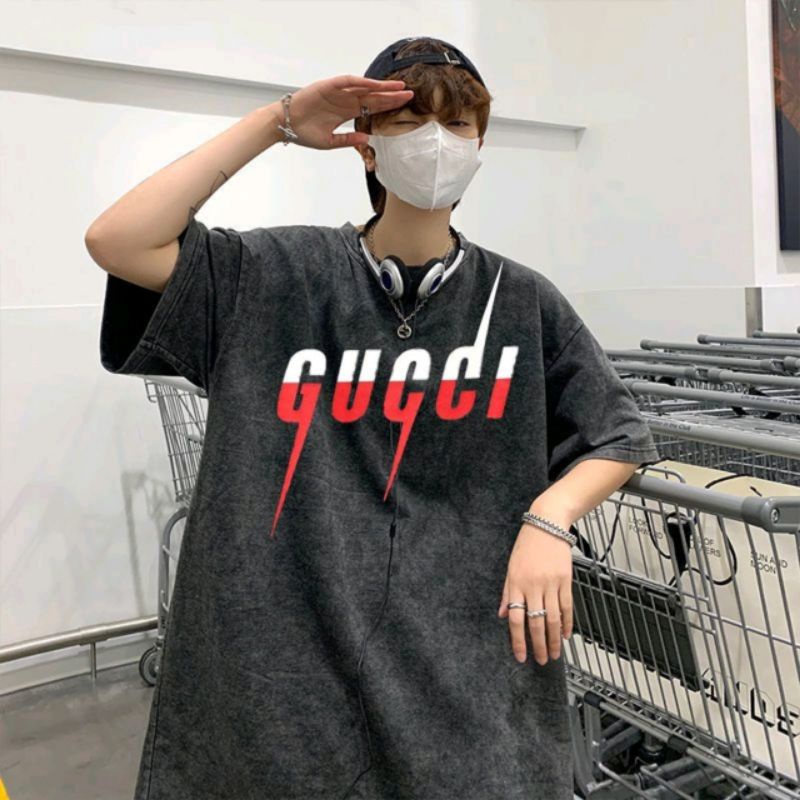 Áo thun loang gucci tia sét /Áo wash xám gucci cotton phông rộng.
