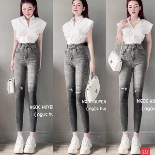 Quần Jean Nữ Lưng Cao ❤️FREESHIP❤️ Quần Bò Nữ Phối Rách Ôm Dáng Xinh Xắn Thời Trang Chuẩn Hàng Shop A-T Fashion - QJNU9