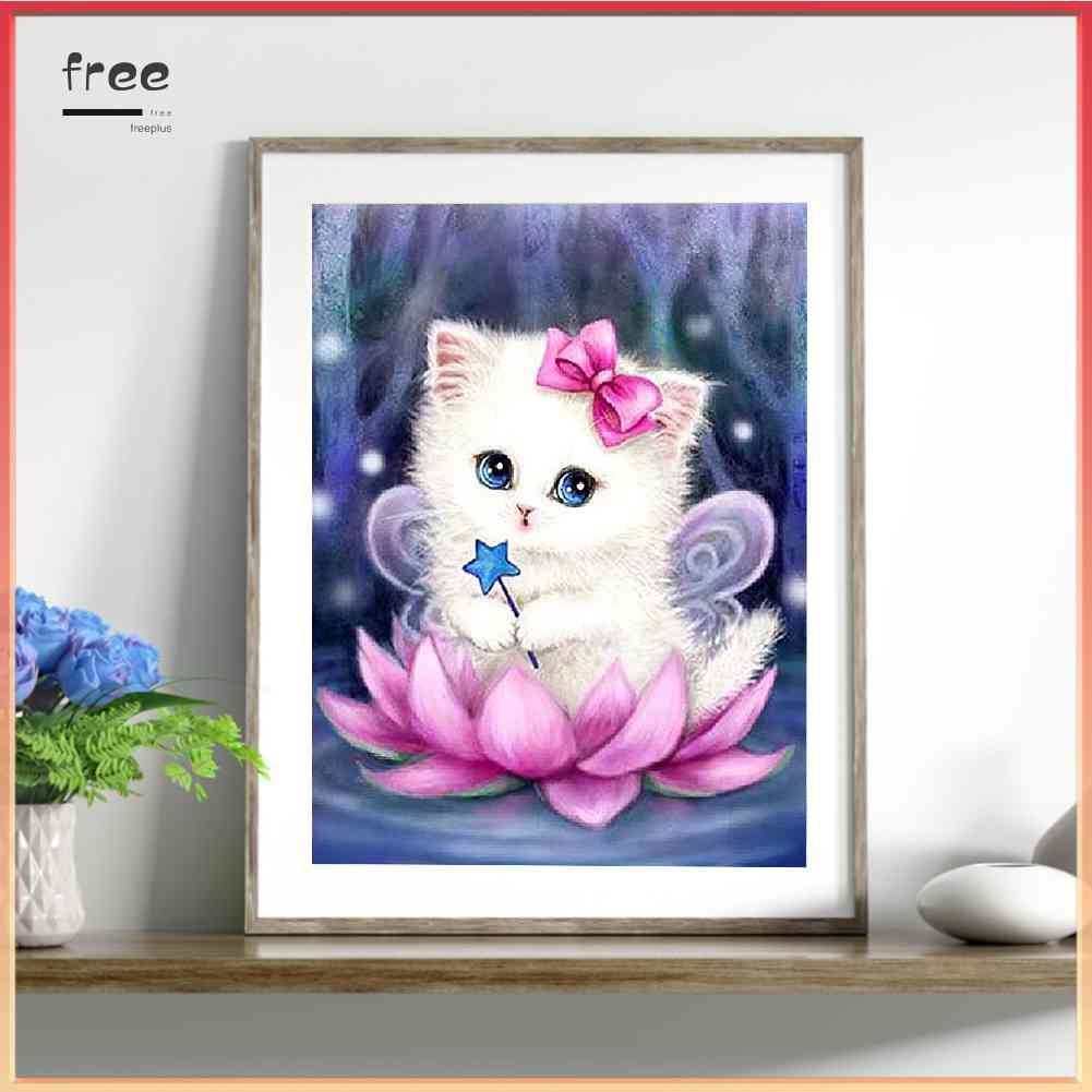 Bộ Tranh Đính Đá 5D DIY Hình Mèo Và Hoa Sen Để Trang Trí Nhà