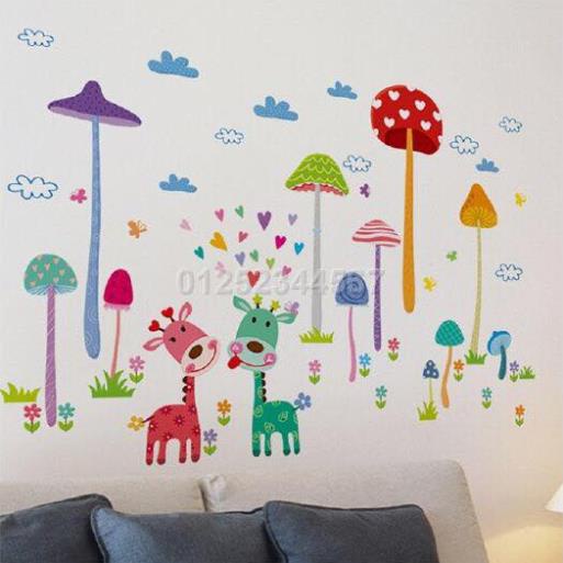 Decal dán tường Combo 2 tranh khỉ đu cây + nấm và hươu