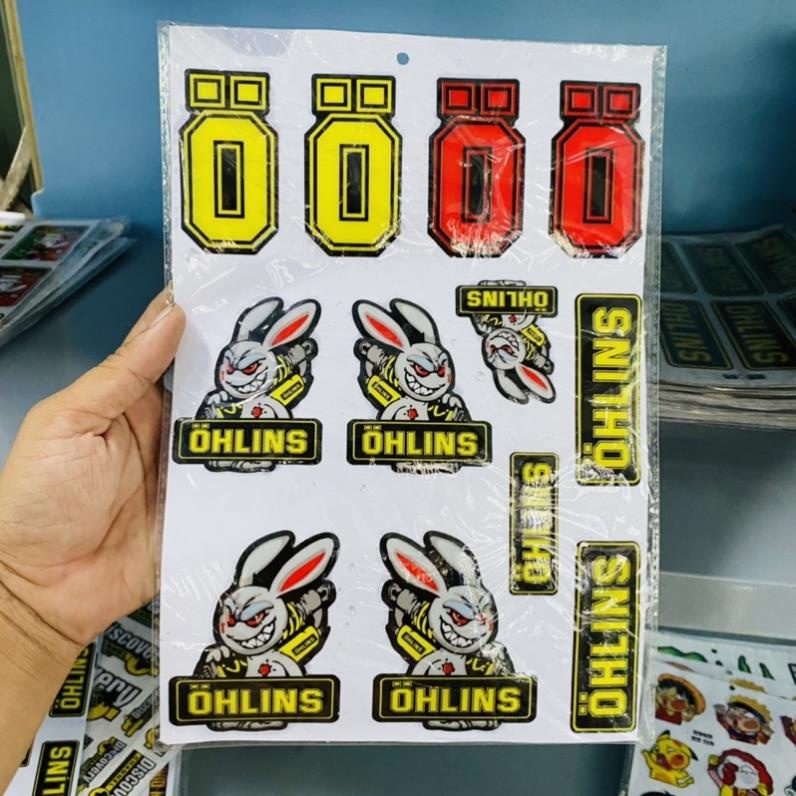 Tem logo sticker thỏ,ohlins keo nổi giá rẻ