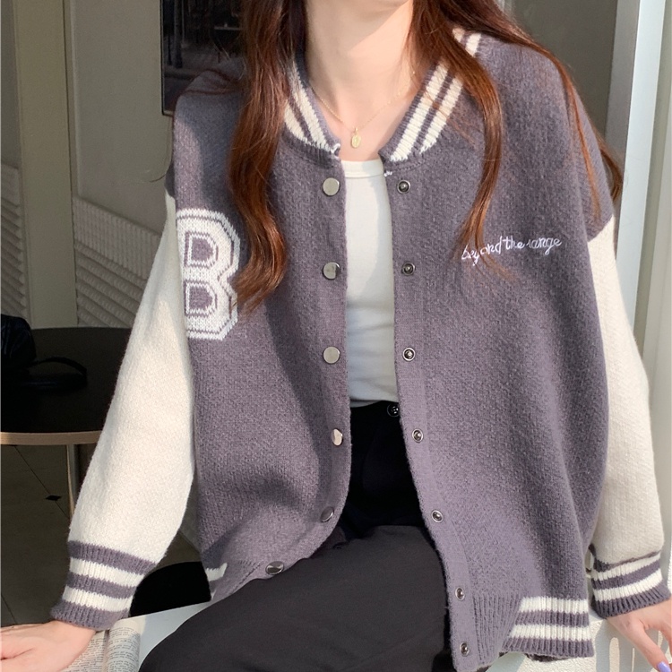 SUXI Áo Khoác Bóng Chày Dệt Kim Tay Dài Dáng Rộng Màu Sắc Khối Chữ Cái Thời Trang Mùa Thu Dành Cho Nữ