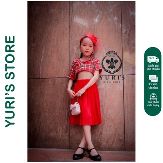 Set váy dạ xếp li timing đỏ, áo hở eo dễ thương cho bé gái sang chảnh