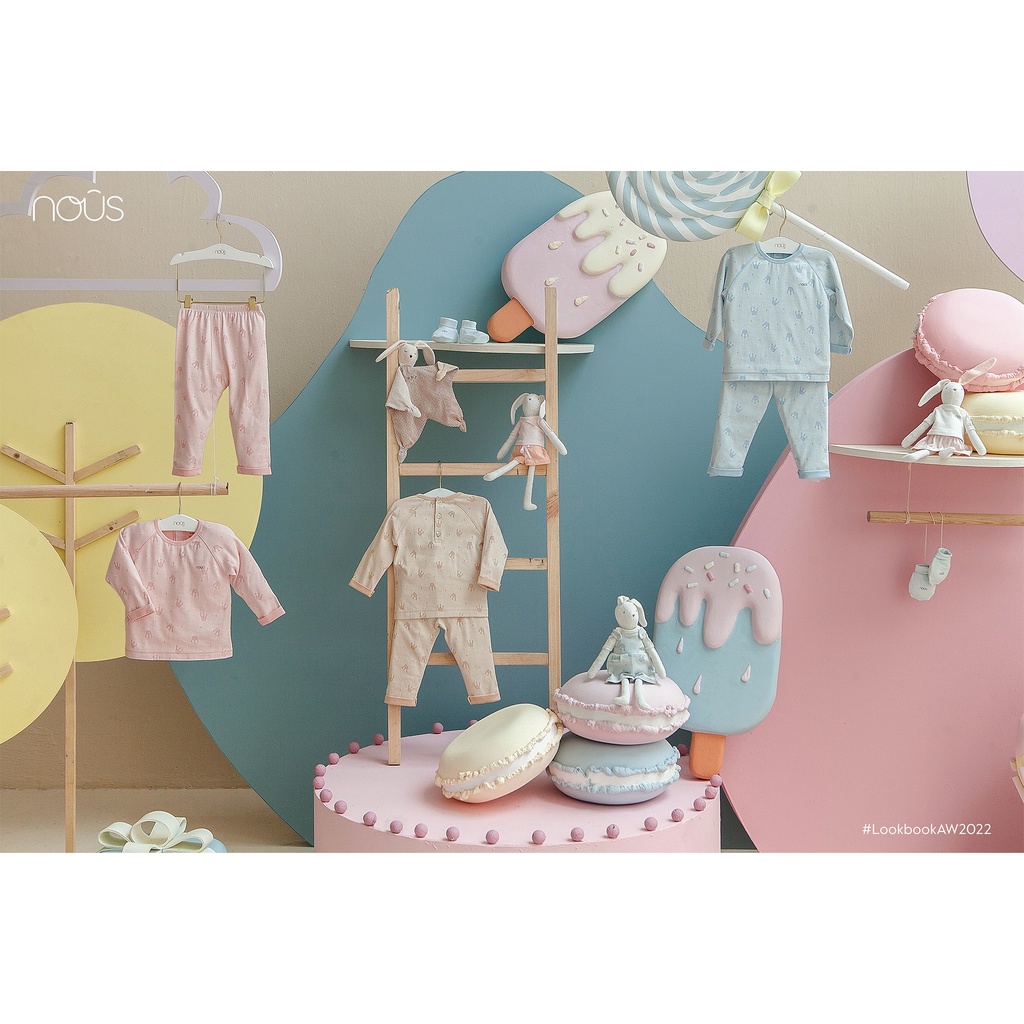 Bộ quần áo cài vai dài cho bé Nous Chou màu xanh nhạt thêu đáp gấu 9M 12M 18M - Monnie Kids