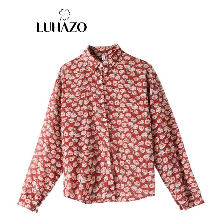 Áo sơ mi nữ công sở hoa nhí họa tiết voan dài tay LUHAZO vintage đỏ form rộng cá tính kiểu Hàn Quốc bigsize K2T5-1