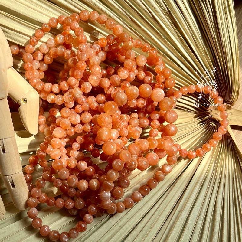 Vòng tay Natural Orange Golden Sunstone + Peach Moonstone màu cam đào siêu hiếm đẹp