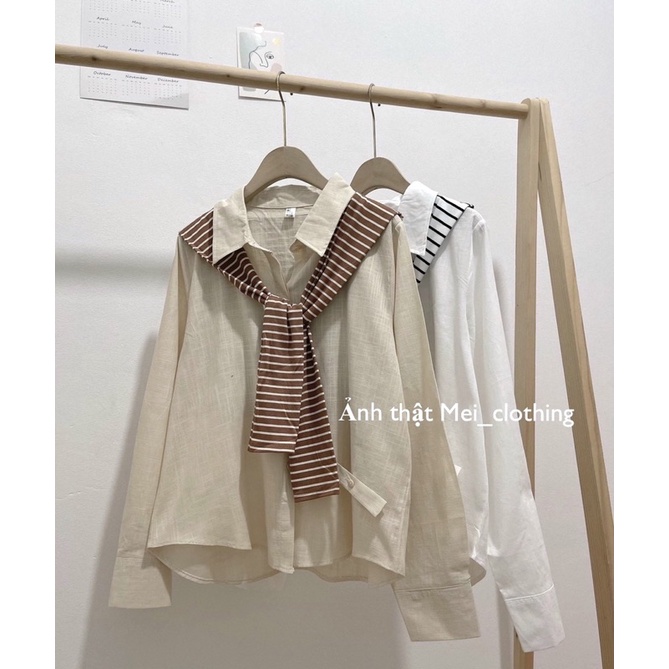Áo Sơmi Dài Tay Kèm Khoác Choàng Kẻ Sọc, Sơ Mi Đũi Mát Mẻ