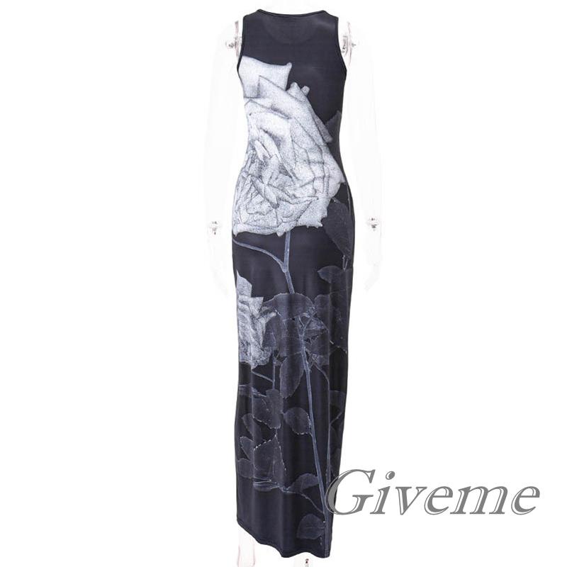 Đầm không tay dáng ôm Cổ Tròn Hoạ Tiết Hoa Hồng Phong Cách Vintage