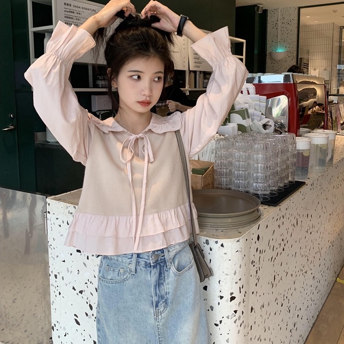 Áo sweater ZHELIHANGFEI tay dài lưng cao dáng ôm phối bèo phong cách Nhật Bản trẻ trung cao cấp