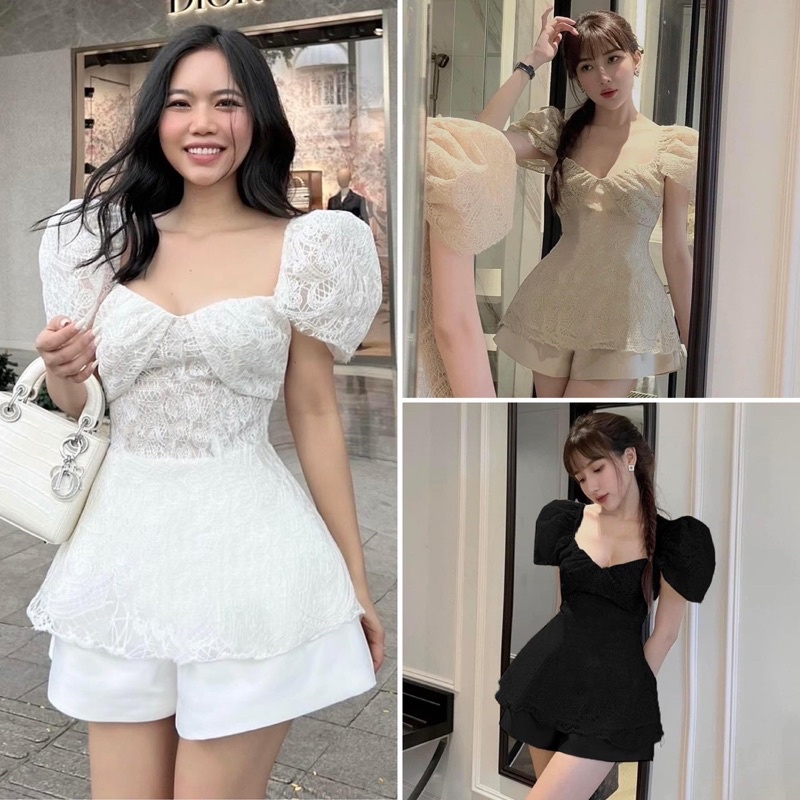 Set áo ren tay phồng kèm quần shorts