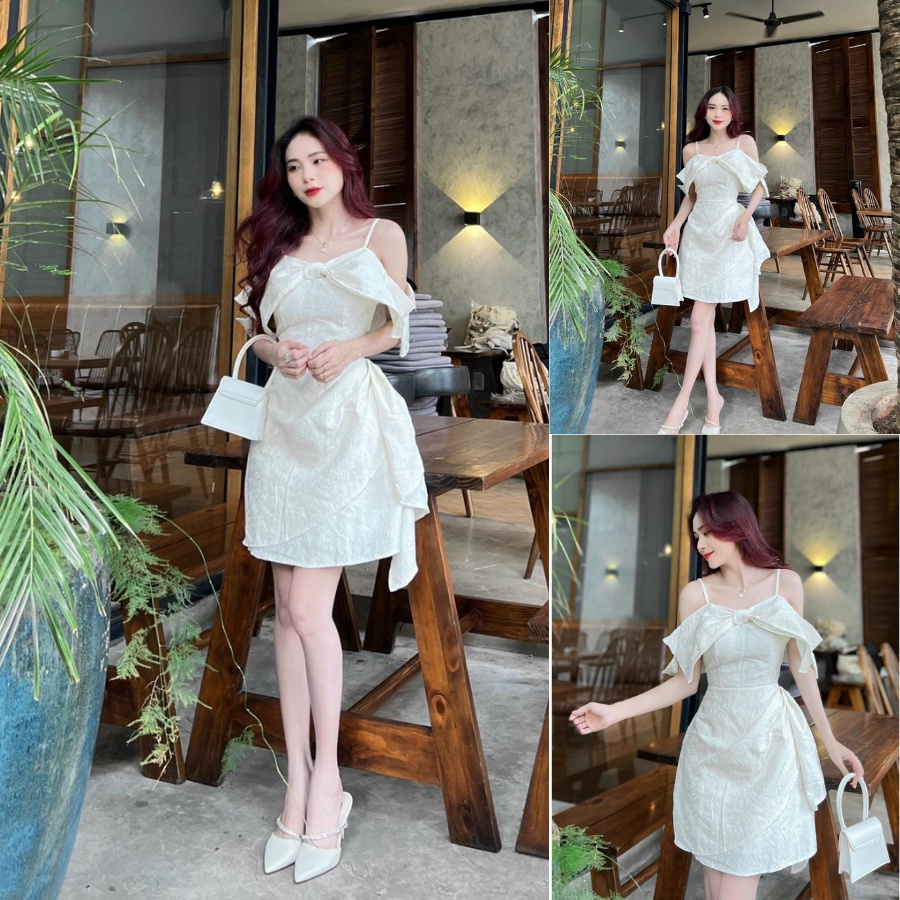 Váy Trễ Vai Tay Phồng Nơ Cổ,Đầm 2 Dây Nữ Thiết Kế dáng Xòe Tiểu Thư Dự Tiệc Dạo Phố (Chất Gấm Xốp Có Mút) XM Minh Phúc