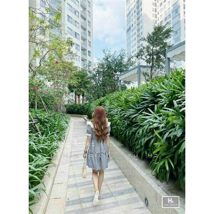 Đầm tiểu thư nữ, đầm đen caro tay búp cổ trắng bèo dáng xòe mặc đi chơi dễ thương mtb