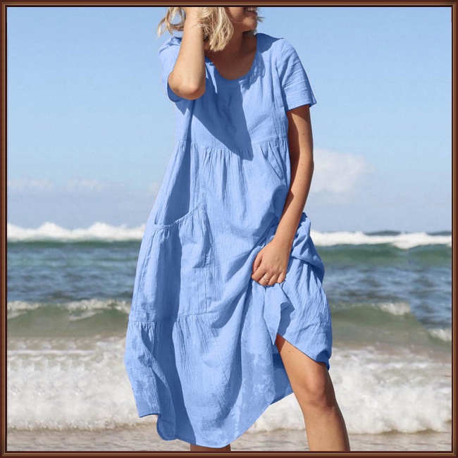 Đầm Tay Ngắn Cổ Tròn Màu Sắc Đơn Giản Dành Cho Nữ