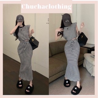 Set áo len kẻ độn vai + chân váy đuôi cá maxi Hàn Quốc Thu đông-Chuchaclothinga