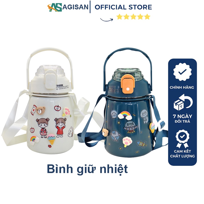 Bình nước 1 lít inox giữ nhiệt 6-8 tiếng tặng kèm sticker bình đựng nước có dây đeo AGISAN