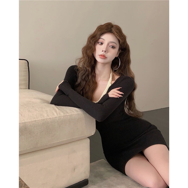 COZOK Đầm Tay Dài Dáng Ôm Cổ Chữ V Thời Trang Quyến Rũ Cho Nữ