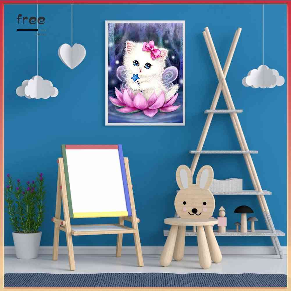 Bộ Tranh Đính Đá 5D DIY Hình Mèo Và Hoa Sen Để Trang Trí Nhà