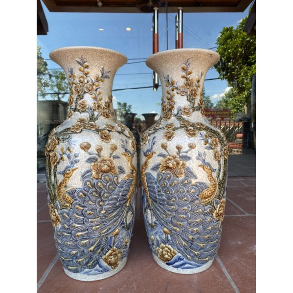 Đôi lọ lục bình đào công đắp nổi men rạn cổ cao 60cm