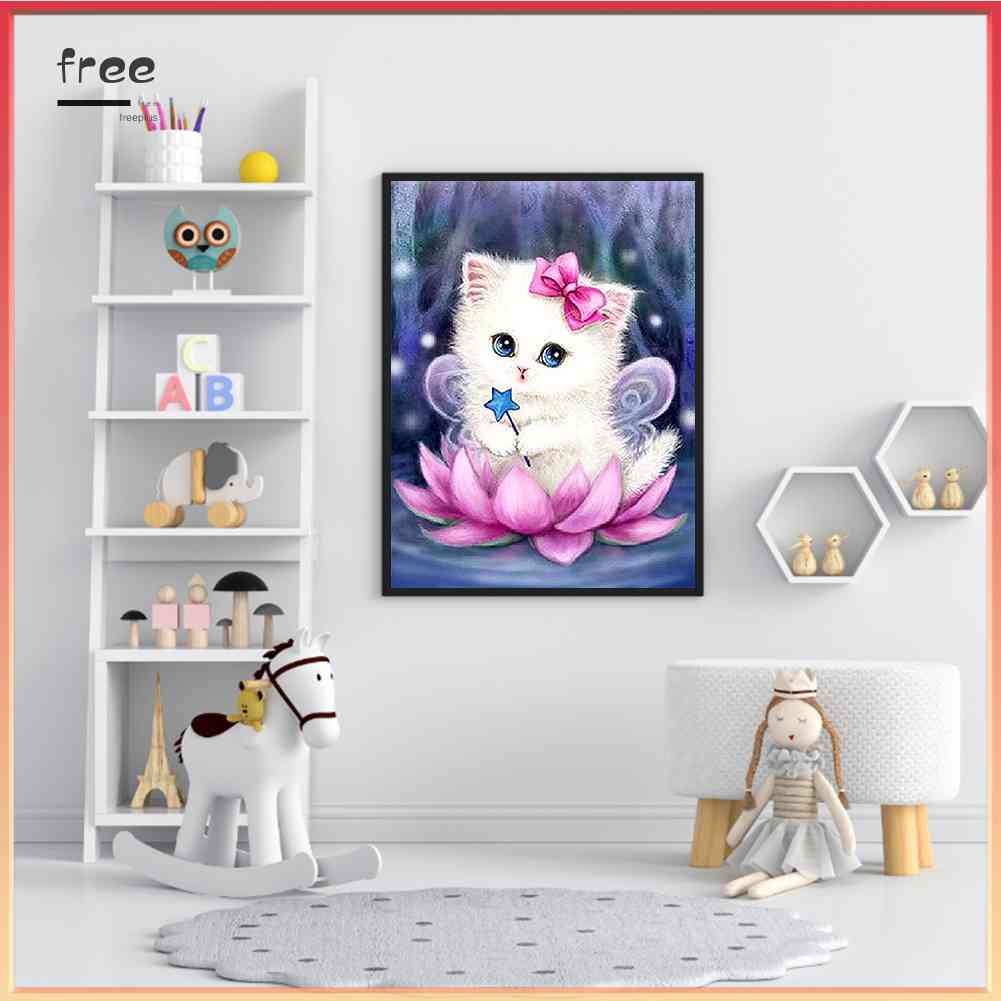 Bộ Tranh Đính Đá 5D DIY Hình Mèo Và Hoa Sen Để Trang Trí Nhà