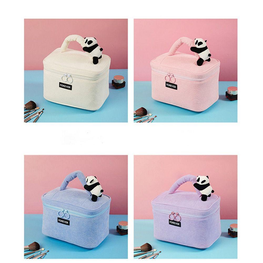Túi Đựng Mỹ Phẩm Xách Tay Cỡ Lớn Bằng Vải Nhung Kẻ In Hoạt Hình Gấu Trúc Dành Cho Bạn Gái