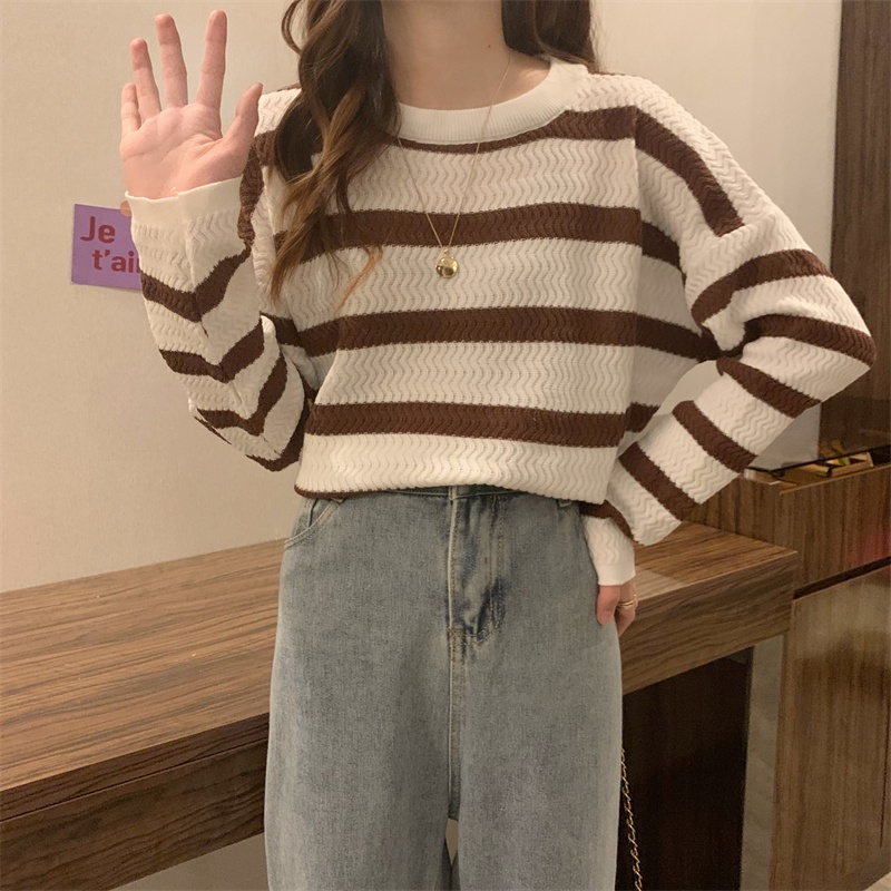Áo Thun Tay Dài Dệt Kim Dáng Rộng Họa Tiết Kẻ Sọc Thời Trang Mùa Thu Phong Cách Hàn Quốc Mới