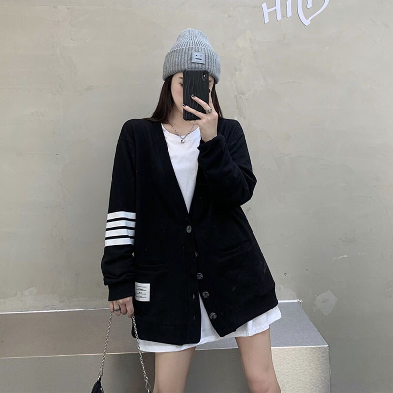 Áo cardigan mỏng kẻ sọc ThomBrowne - Áo khoác nỉ da cá dài tay cổ chữ V