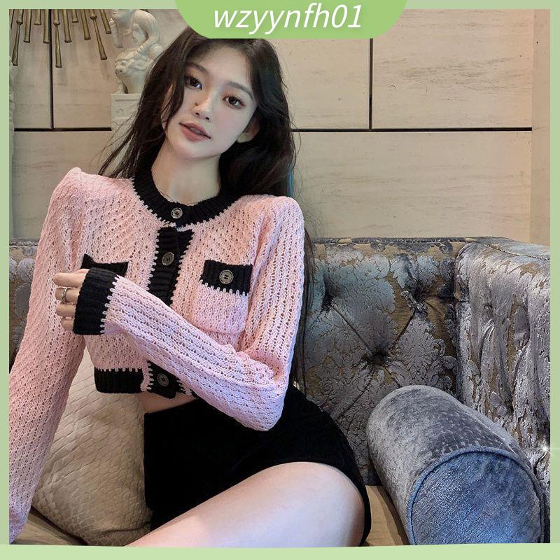 áo croptop Áo Khoác Cardigan Dệt Kim Mỏng Tay Dài Màu Sắc Tương Phản Thời Trang Mùa Thu Cho Nữ