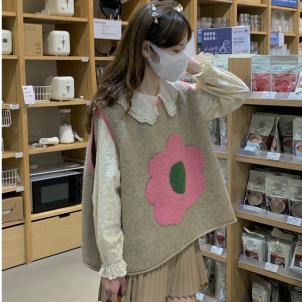 Áo gile len nữ kiểu thêu hoa vintage, gile len nữ phối sơ mi form rộng cổ ren 5995