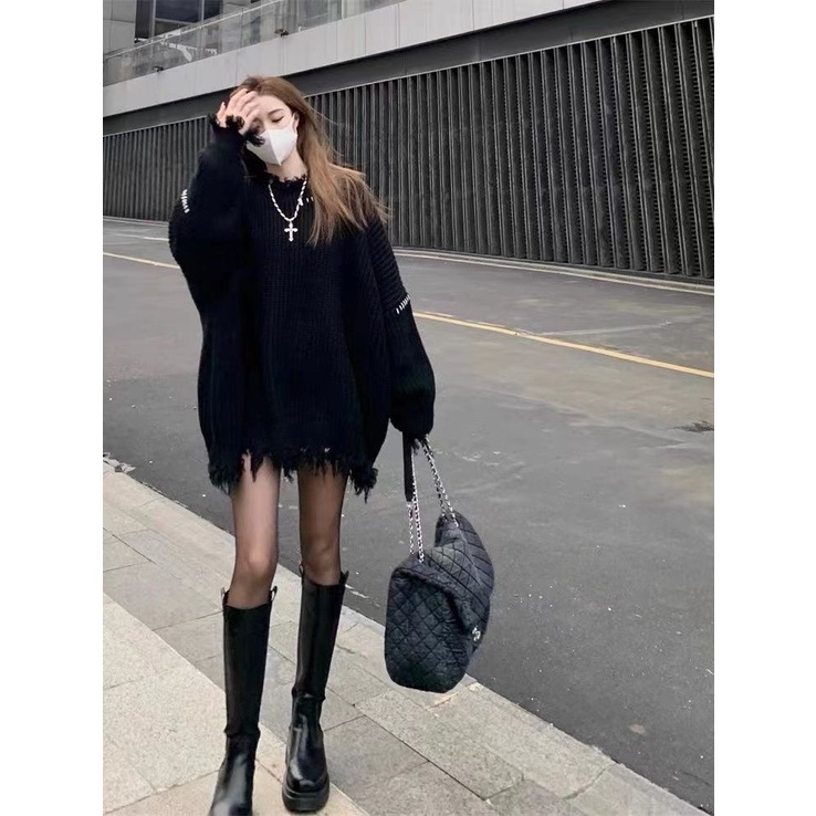 Jiashucheng Áo Sweater Chui Đầu Dày Chui Đầu Dáng Rộng Dài Vừa Phải Thiết Kế Rách Thiết