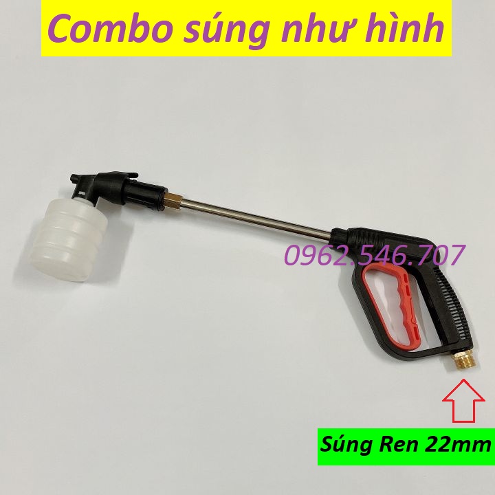 Súng rửa xe áp lực cao kiểu dài kèm bình tạo bọt tuyết ren ngoài phi 22mm siêu mạnh, vòi xịt rửa xe
