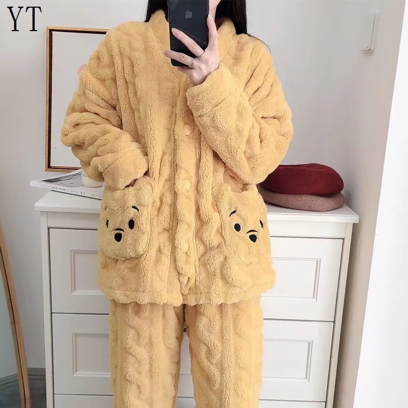 Bộ Đồ Ngủ Chất Nỉ Lông Cừu San Hô Dày Dặn Dễ Thương Thời Trang Thu Đông Cho Nữ