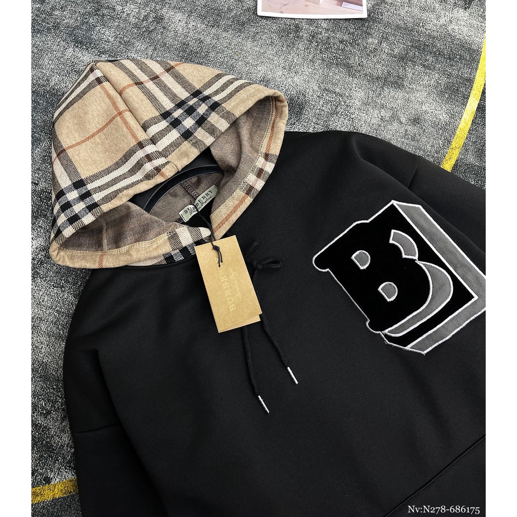 Áo Hoodie Nam BBR Phối Họa Tiết Hình Thêu Ngực Và Kẻ Caro Ở Mũ . Áo Hoodie Unisex Nam Nữ BBR Chất Nỉ Bông Cao Cấp