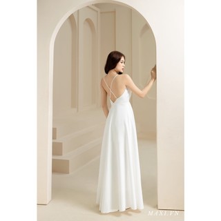 Đầm maxi dạ hội trắng 2 dây thiết kế đan lưng