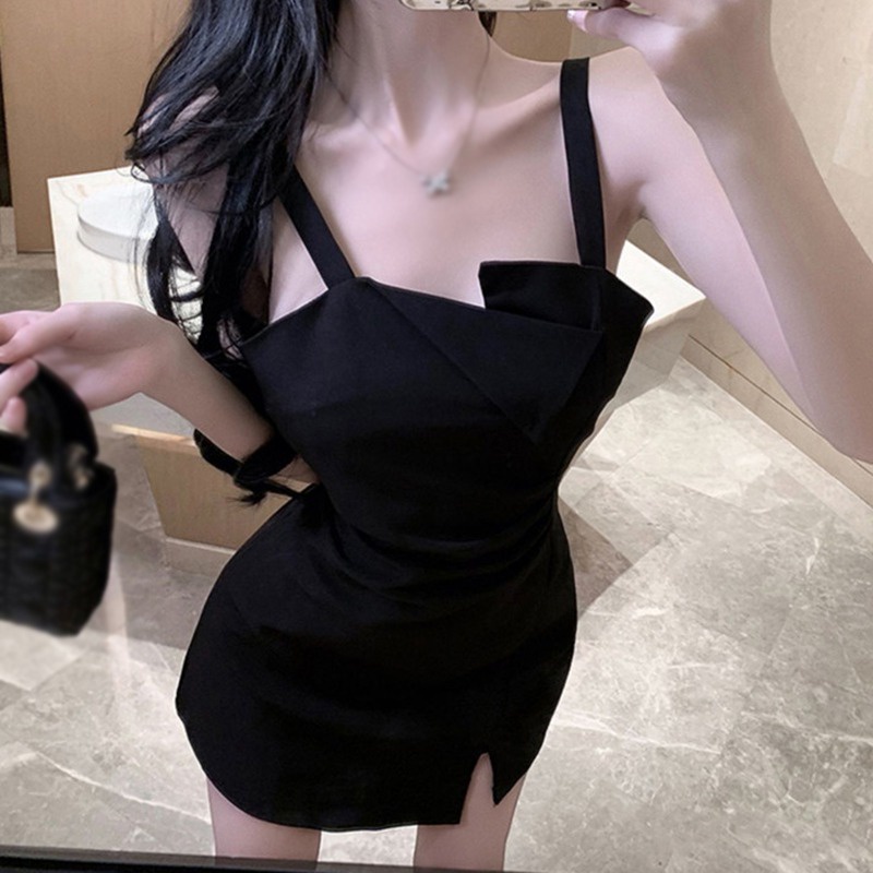 Đầm Hai Dây Ôm Eo Màu Sắc Trơn Quyến Rũ Phong Cách Hàn Quốc