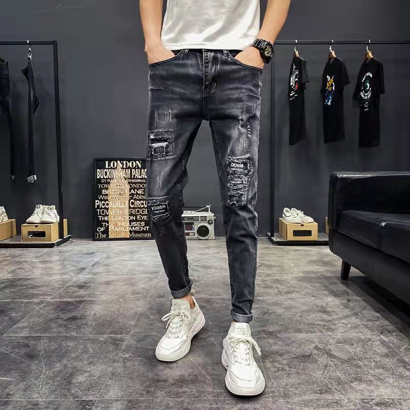 Quần Jean Rách Màu Đen Dáng Ôm Co Giãn Phong Cách Hàn Quốc Cho Thanh Thiếu Niên