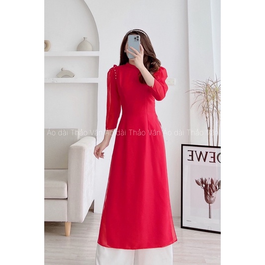 Áo dài voan tơ thiết kế tay bồng đính ngọc 3 màu tay lỡ, 4 tà -AV002