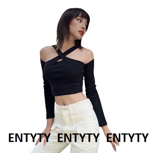Áo chéo dây tay dài nữ sexy dáng croptop vải thun gân co giãn - A4CD