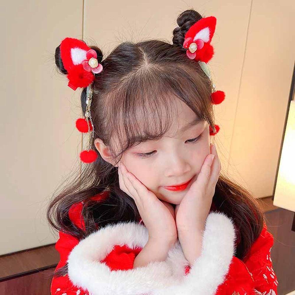 Trâm Cài Tóc Hình Tai Mèo Bằng Vải Lông Phong Cách Trung Hoa Dễ Thương Cho Bé Gái