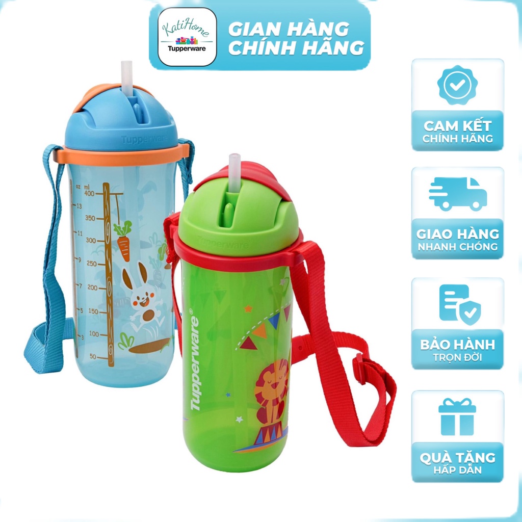 Bình nước nhựa cho bé mang đi học có ống hút, dây đeo Tupperware Kids Tumbler 500ml  nhựa nguyên sinh an toàn chính hãng