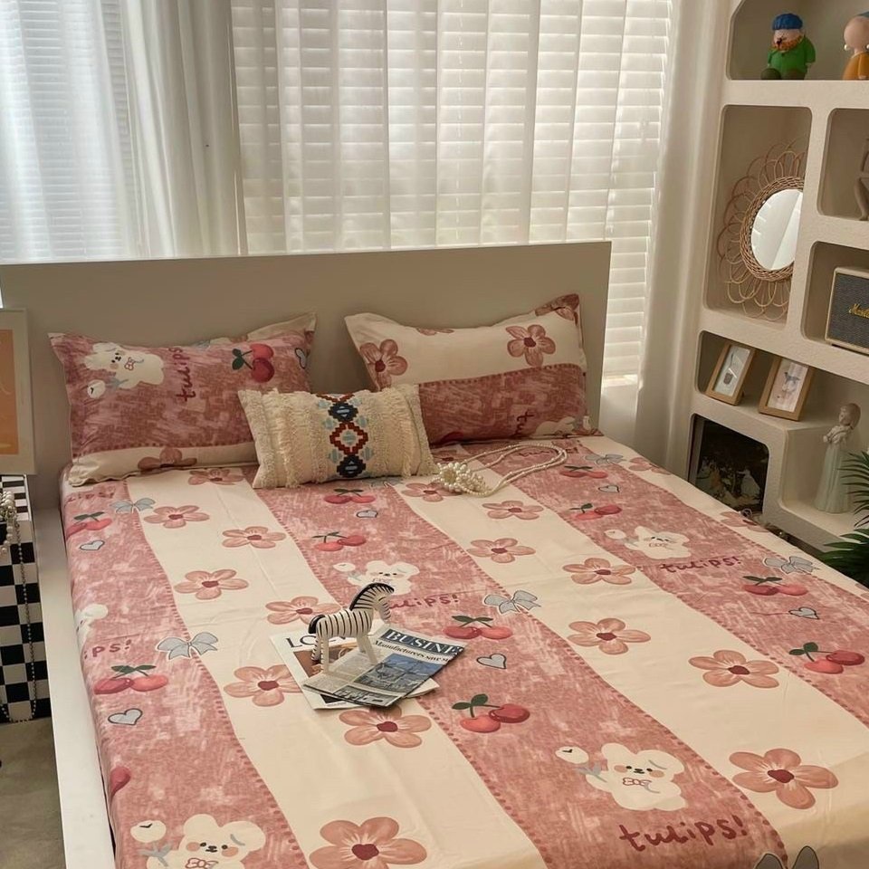 (NEW) ⚡ Bộ ga giường 3 món Cao Cấp Poly Cotton loại đẹp nhiều mẫu full size (Drap giường + 2 vỏ gối) Mẫu Thỏ cherry