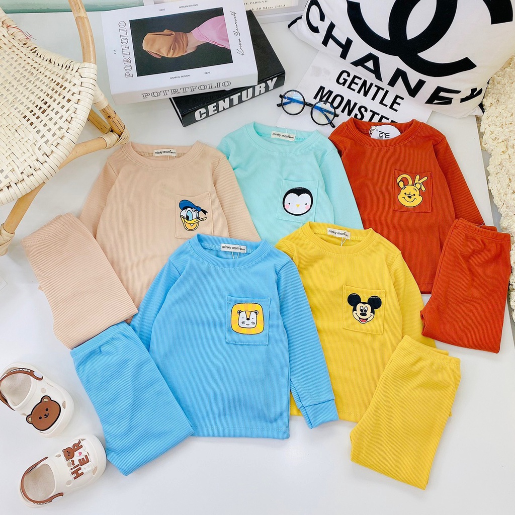 Bộ dài tay Minky Mom thun tăm gân size 8-19kg thêu hình thú đáng yêu cho bé trai bé gái - Voi kids shop
